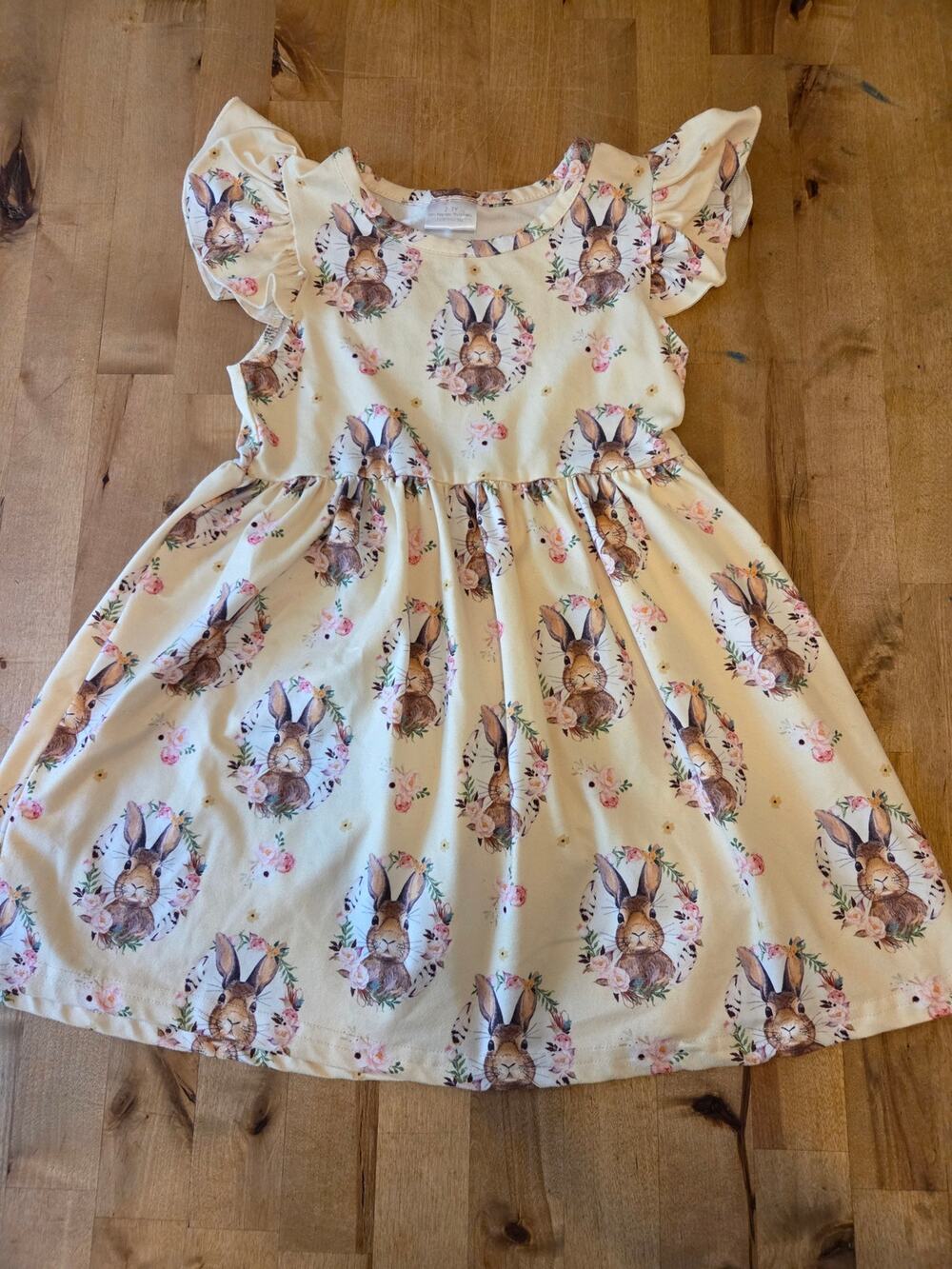 Toddler Girls Floral Bunny Easter Flutter Sleeve Dress (Size 2-3T)